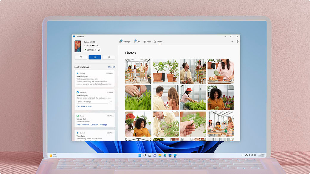 Phone Link windows with Outlook notifications and photos