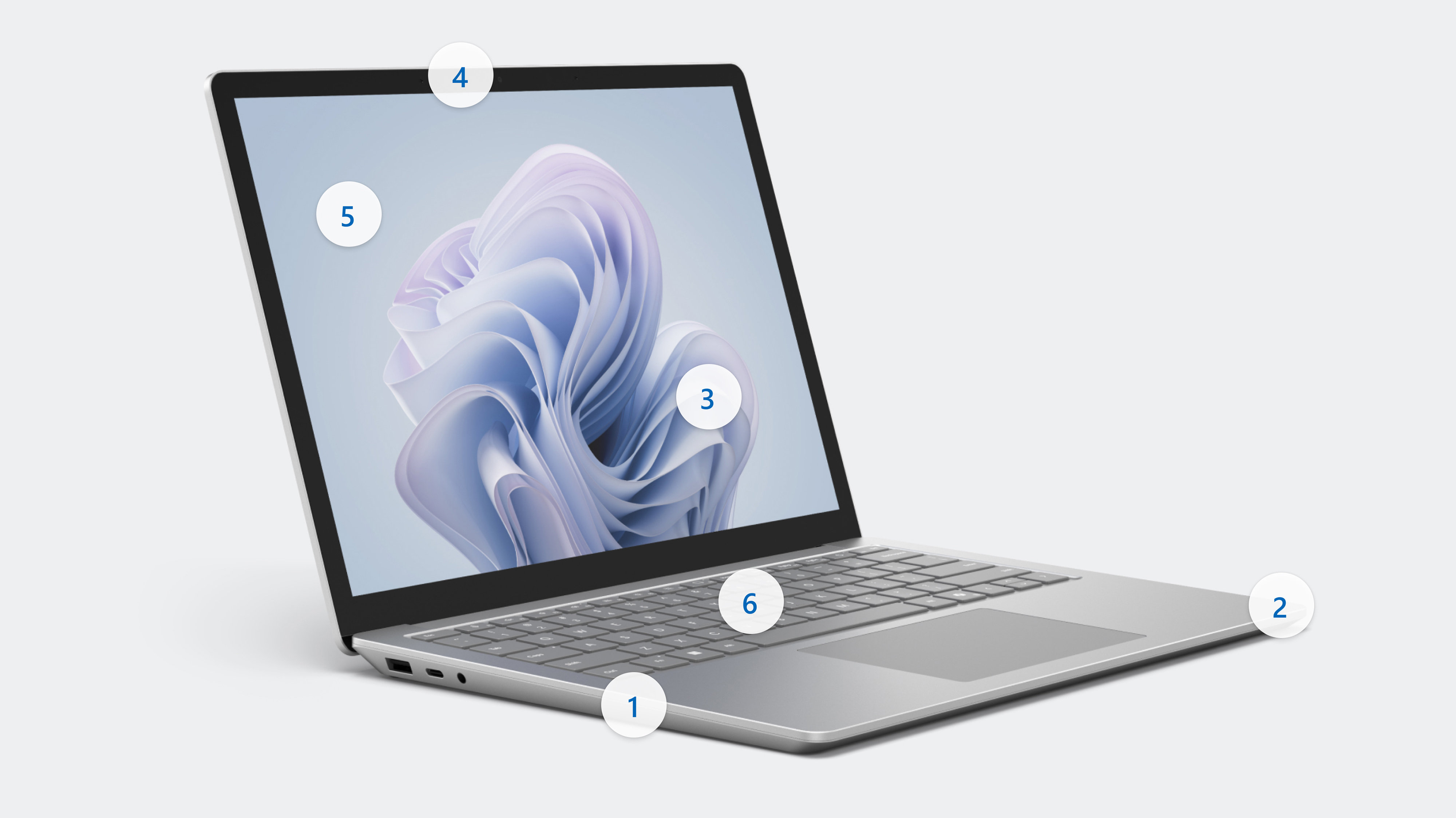 Abbildung eines Surface Laptop 6 mit den Hotspots 1 bis 6