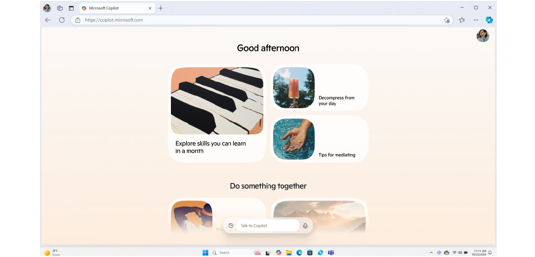 Talk to Copilot chat window with piano keys, an popsicle, and a hand in water