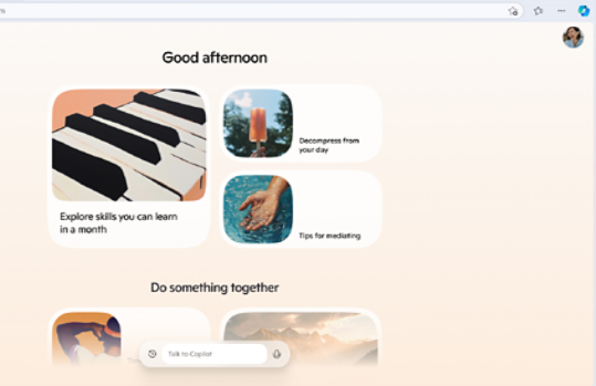 Talk to Copilot chat window with piano keys, an popsicle, and a hand in water