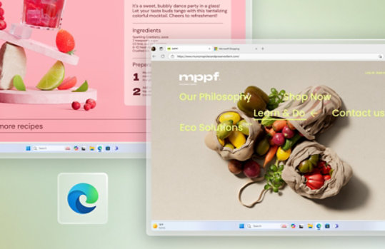 Two overlapping Edge browser windows with an enlarged Edge icon to the bottom left on a light green background