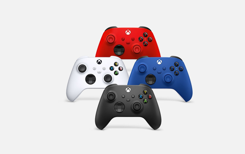 Red, white, blue and black Xbox Wireless Controllers