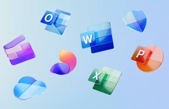 Word, Excel, PowerPoint, Outlook, Microsoft Defender, OneDrive, Clipchamp, Designer のアプリ アイコン