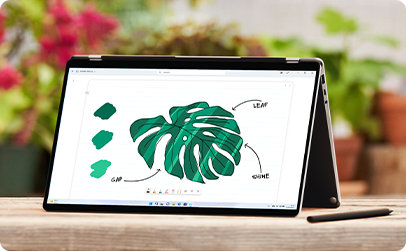 Laptop folded open with an illustrated leaf on the screen