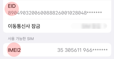화면에서 ‘EID’와 디지털 SIM의 ‘IMEI2’ 확인