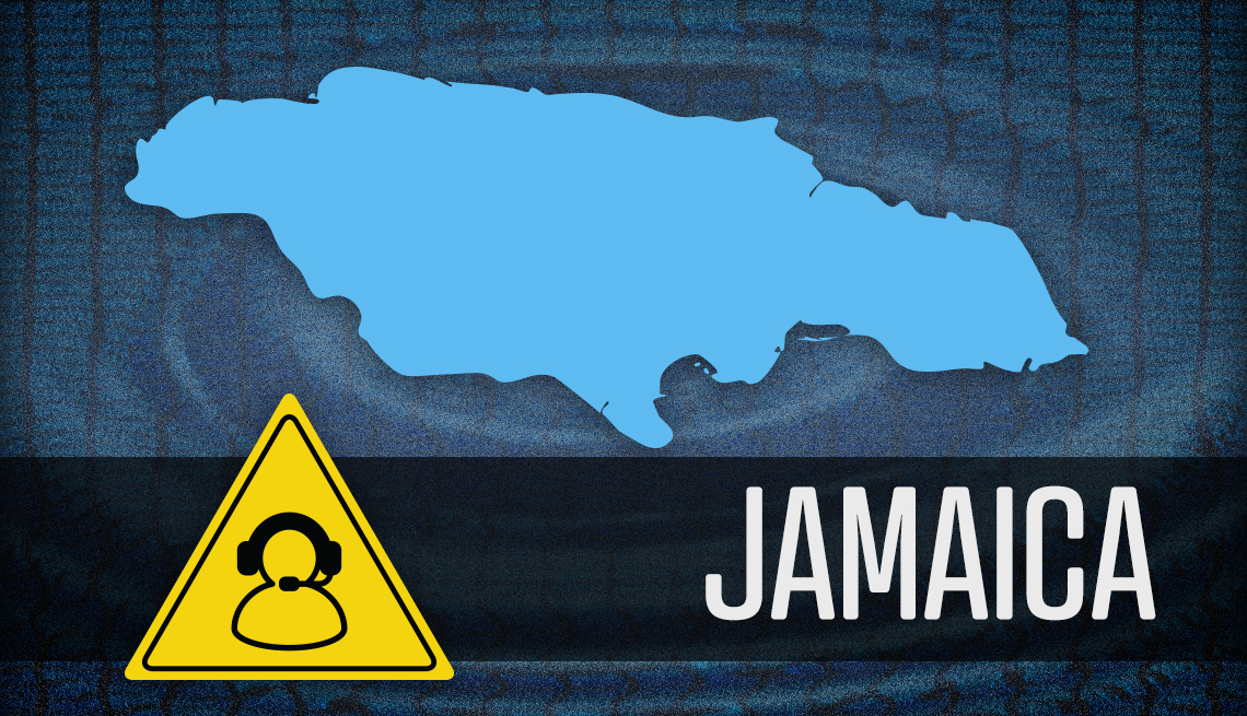 item 2 of Gallery image - map of jamaica with warning sign of call center scammer