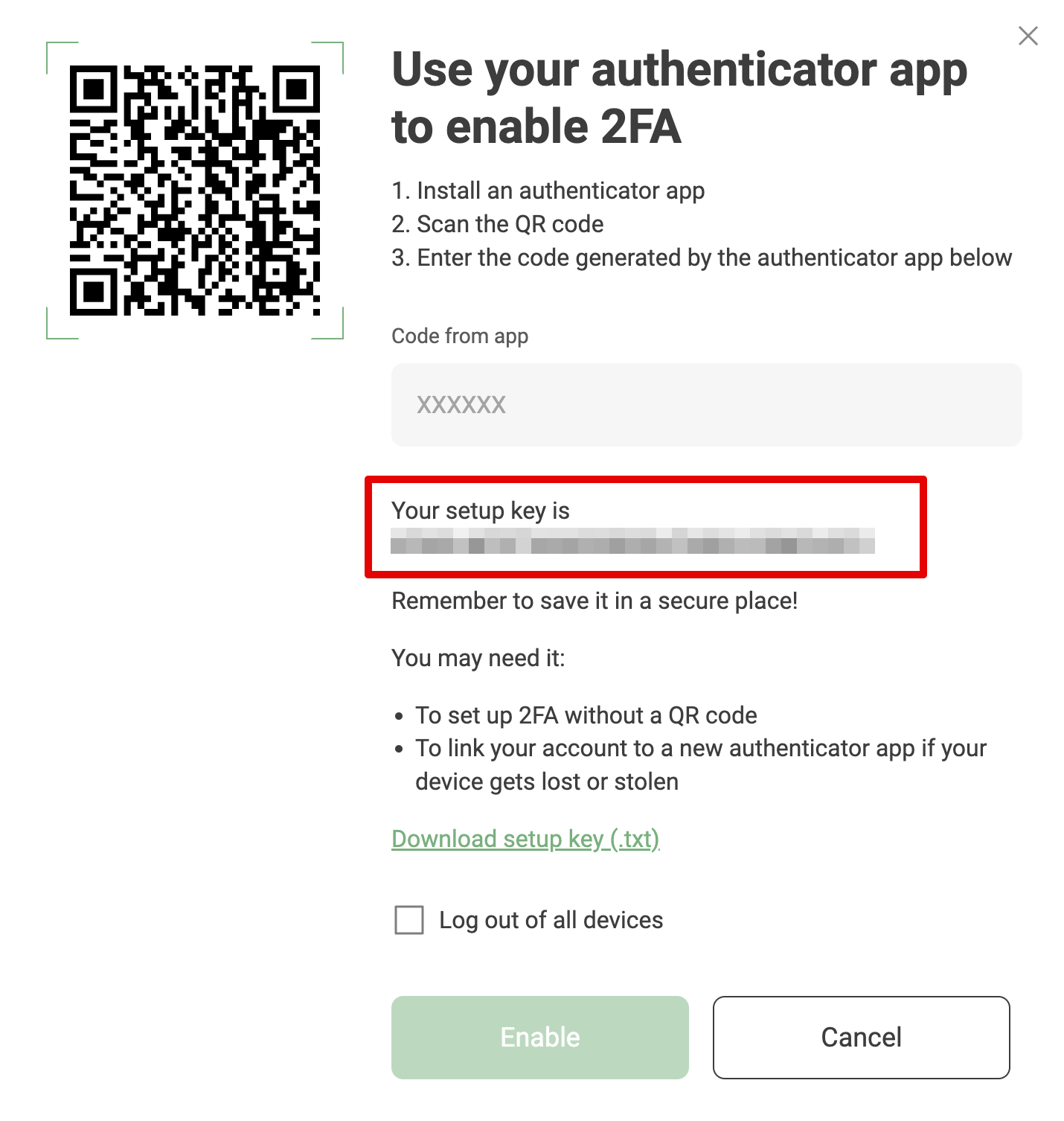 The setup key in the authenticator app *border