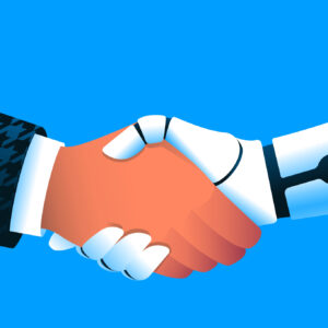 Illustration of a robot and a man shaking hands.