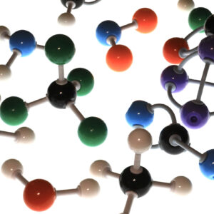 A collection of ball-and stick models of molecules, where each ball represents an atom, and each stick connecting them represents a chemical bond.