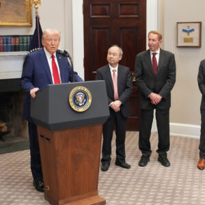 U.S. President Donald Trump speaks in the Roosevelt Room of the White House while SoftBank CEO Masayoshi Son, Oracle CTO Larry Ellison, and OpenAI CEO Sam Altman look on on January 21, 2025 in Washington, DC.