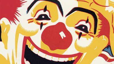 Artwork illustration of a laughing clown (clowns, circu).