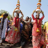 Indian hijras participate in a religious procession in Gandhinagar, India, some 30 kilometers from Ahmedabad, on March 22, 2017. Hijra is a term used in South Asia which refers to transgender individuals who are born male. (gender identity, gender expression)