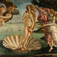 "The Birth of Venus," tempera on canvas by Sandro Botticelli, c. 1485; in the Uffizi, Florence.