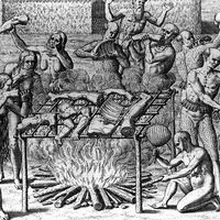 Human Cannibalism; Johannes Lerii's account of the description of the method the Indians use for "barbecuing" human flesh. Nude Indians barbecuing and eating parts of human bodies; Theodor de Bry.