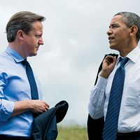 David Cameron. President Barack Obama and Prime Minister David Cameron of the United Kingdom talk during the G8 Summit at the Lough Erne Resort in Enniskillen, Northern Ireland, June 17, 2013