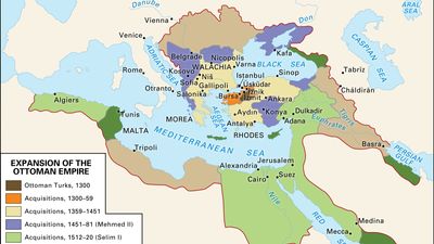 This map shows the territorial expansion of the Ottoman Empire from 1300 to its greatest extent in 1683-99, highlighting different periods under rulers such as Mehmed II, Selim I, and Süleyman the Magnificent, and marking key cities, seas, and geographical boundaries in Europe, North Africa, and the Middle East.