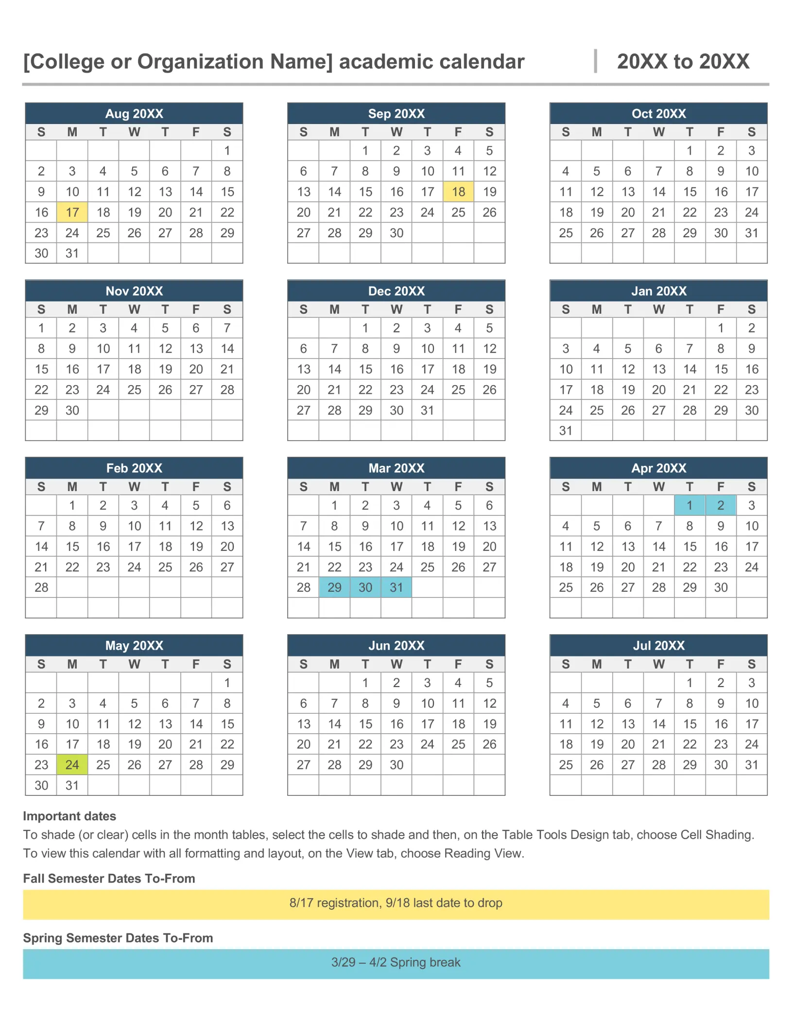 Academic year calendar blue modern-simple