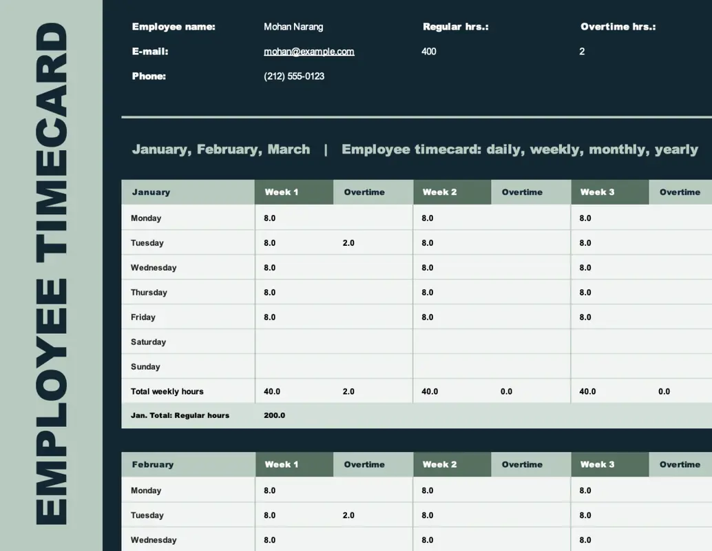 Employee timesheet (weekly, monthly, yearly) green modern simple