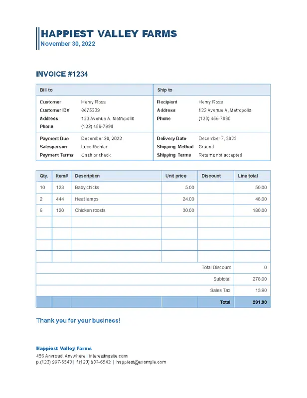 Business sales invoice blue modern simple