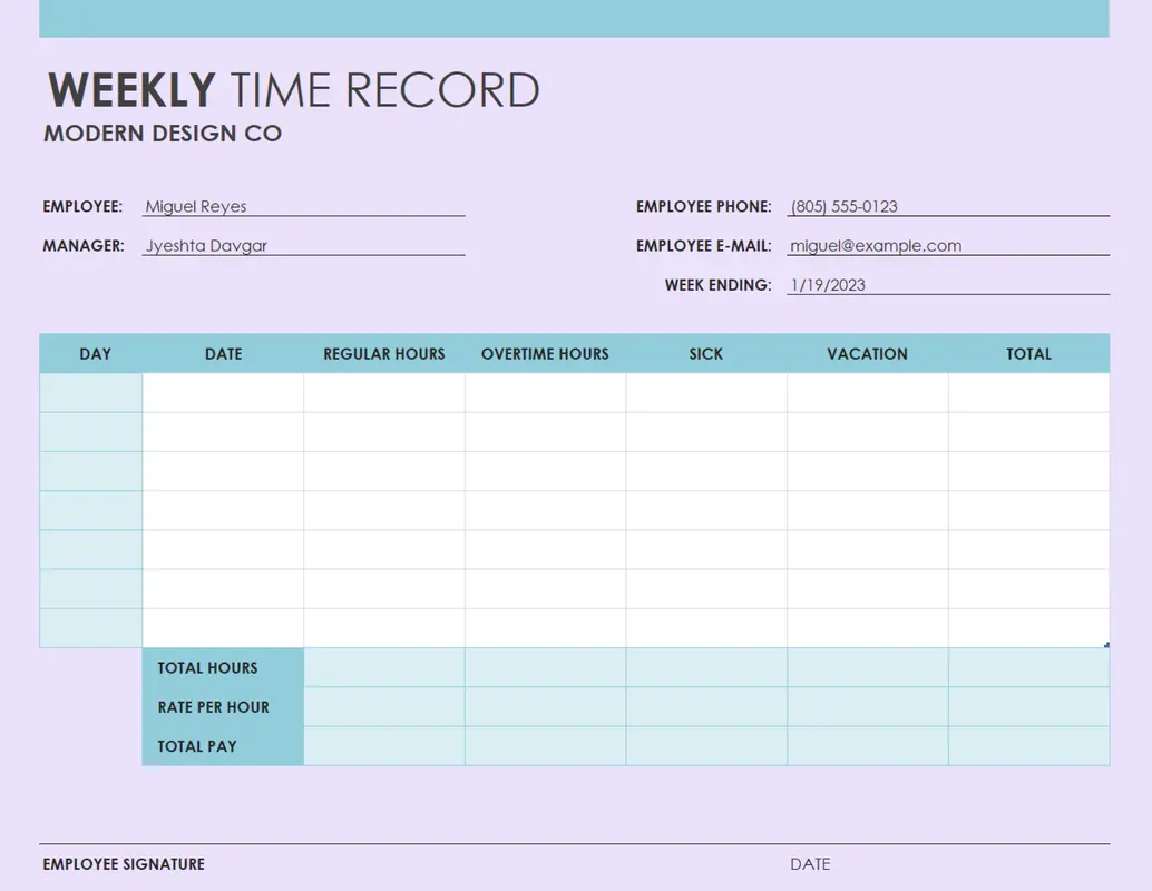 Weekly timesheet (8 1/2 x 11, portrait) purple modern simple