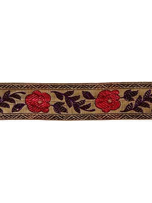 Khaki Fabric Border with Crewel Embroidered Flowers and leaves