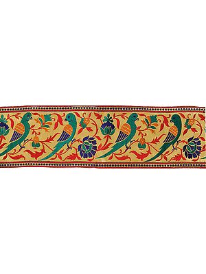 Golden Zari Wide Fabric Border from Banaras with Hand-woven Parrots