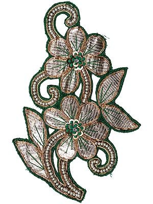 Golden and Green Twin Flowers Embroidered Patch with Thread-work