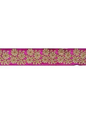 Vivid-Viola Fabric Border with Embroiderd Flowers in Golden Thread