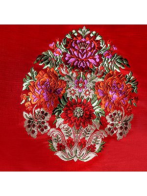 Poppy-Red Brocade Patch from Banaras with Hand-Woven Flowers