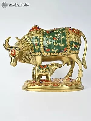 8" Brass Cow and Calf with Inlay Work | Spiritual Home Decor