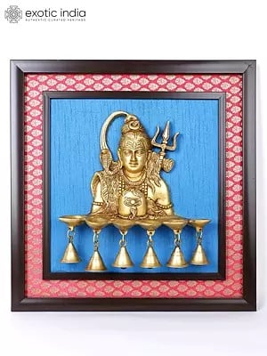 19" Lord Shiva Lamp with Bells | Wood Framed Brass Sculpture | Wall Hanging Decor