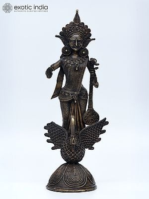 14" Goddess Saraswati Standing on Swan | Tribal Brass Statue