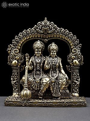 4" Small Superfine Lakshmi - Narayan Seated in Blessing Gesture with Kirtimukha Prabhavali | Brass Statue