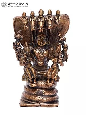 5" Small Lord Vishnu Seated on Serpent with Sridevi and Bhudevi | Copper Statue