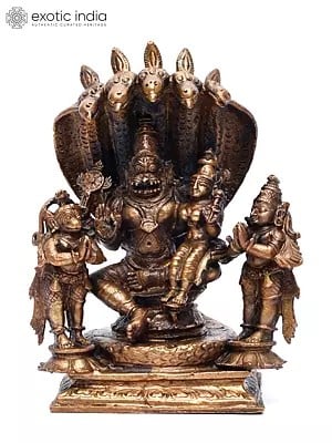 6" Small Lakshmi-Narasimha with Garuda and Hanuman | Copper Statue