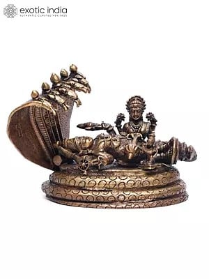 6" Small Shesha-Shayi Lord Vishnu with Devi Lakshmi and Garuda | Copper Statue