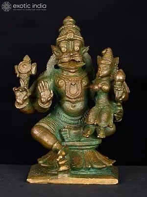 2" Small Sitting Lord Narasimha with Devi Lakshmi | Bronze Statue