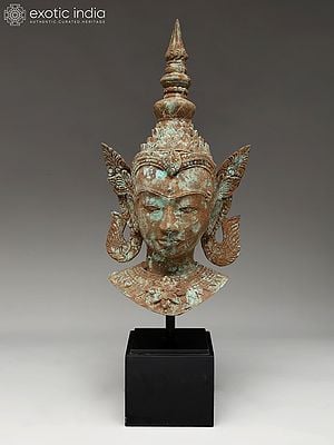 31" Thai Buddha Head on Wood Base | Balinese Brass Statue