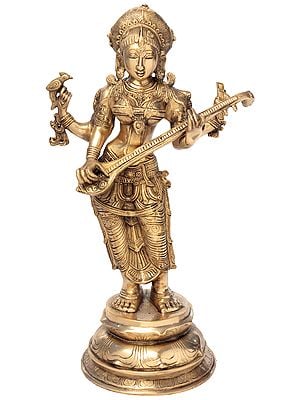 23" Four-Armed Standing Saraswati In Brass | Handmade | Made In India