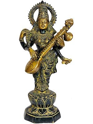 13" Saraswati Stands And Strums On Her Veena In Brass | Handmade | Made In India