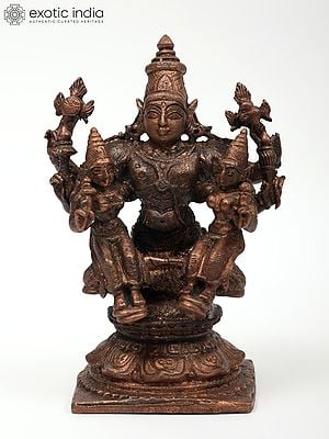 4" Small Lord Vishnu with His Consorts Sridevi and Bhudevi | Copper Statue