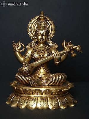 11" Devi Saraswati Idol Seated on Lotus | Brass Statue