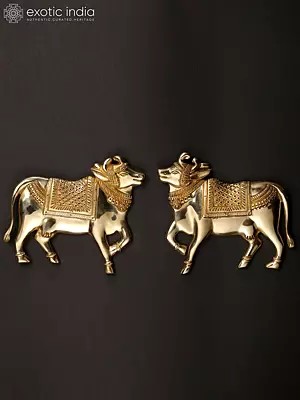 7" Small Pair of Kamadhenu Cow Idol | Brass Statue for Wall Decor