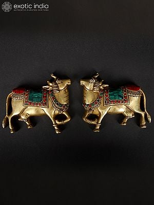 5" Small Pair of Kamadhenu Cow in Brass with Inlay Work | Wall Decor