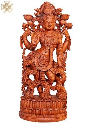 Large Wooden Standing Devi Lakshmi Sculpture