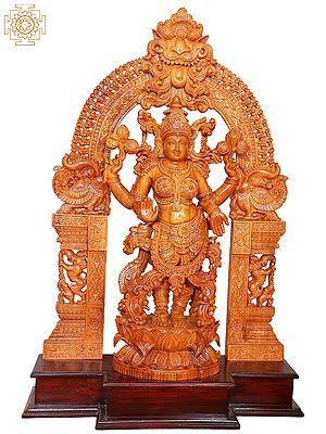 49" Large Wooden Standing Goddess Lakshmi Idol with Kirtimukha Prabhavali