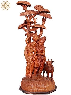 Large Wooden Standing Radha Krishna Sculpture Under Tree with Cow