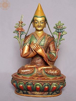 14" Je Tsongkhapa Copper Statue from Nepal | Copper Gilded with Gold