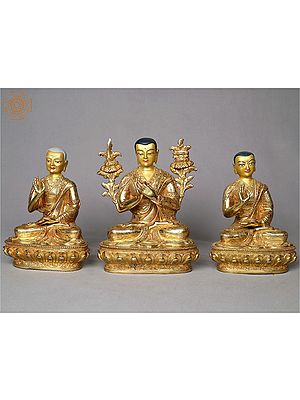 8.5" Tsongkhapa and His Disciples | Gilded Copper Statue from Nepal