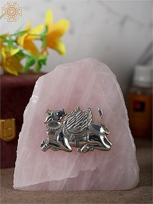 .999 Silver Kamadhenu Cow Idol on Rose Quartz Rock